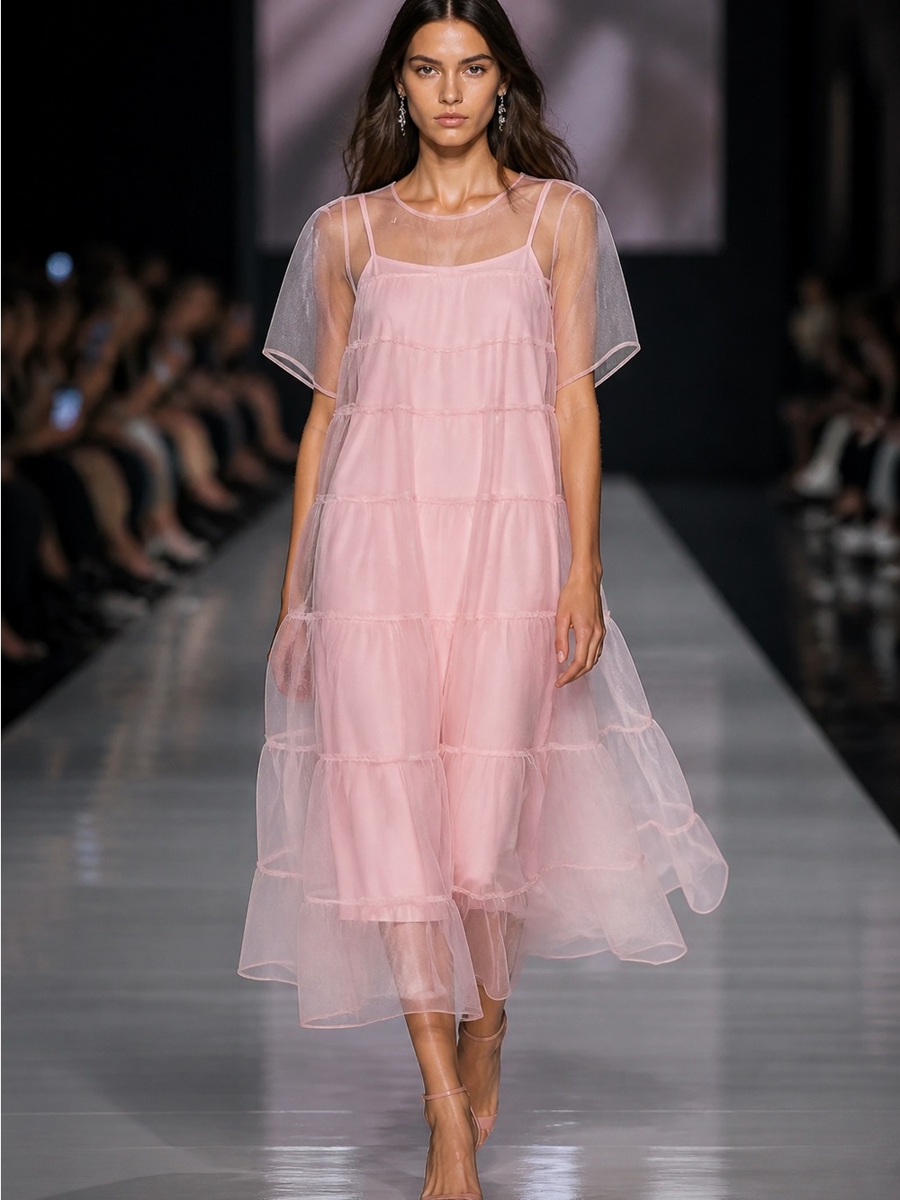 STAUD Pink Sheer Tiered Maxi Dress